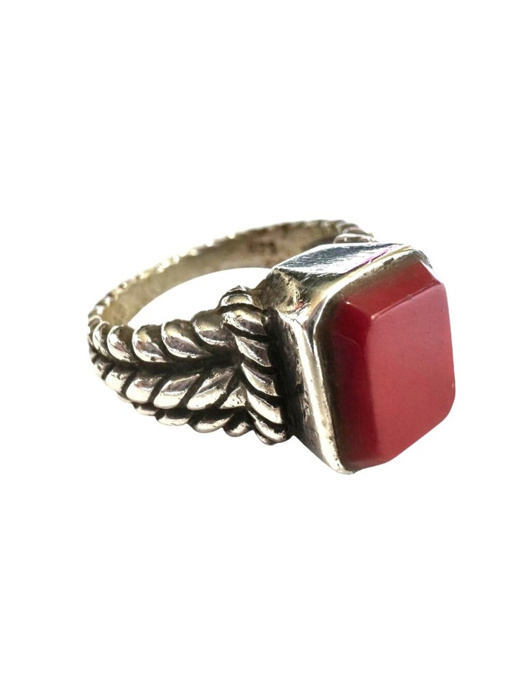 Vintage Sterling Silver Coral Ring With Braided Band Size 7.5 Signed SE 925